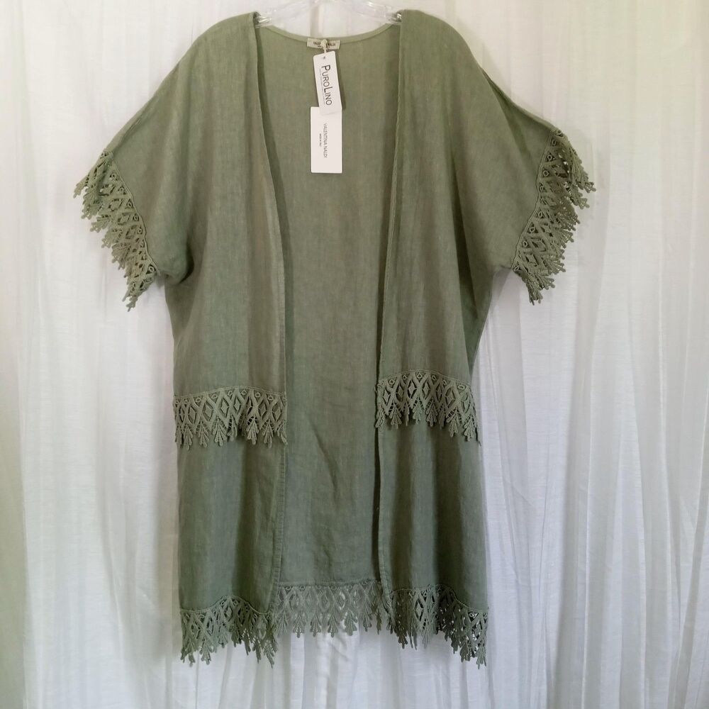 VALENTINA NALDI Italy Linen Jacket OS Lagenlook NWT Top Crochet Lace Green